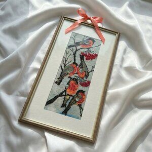 Vintage Handcrafted Czech Beaded Embroidery Birds Art in Glass Frame